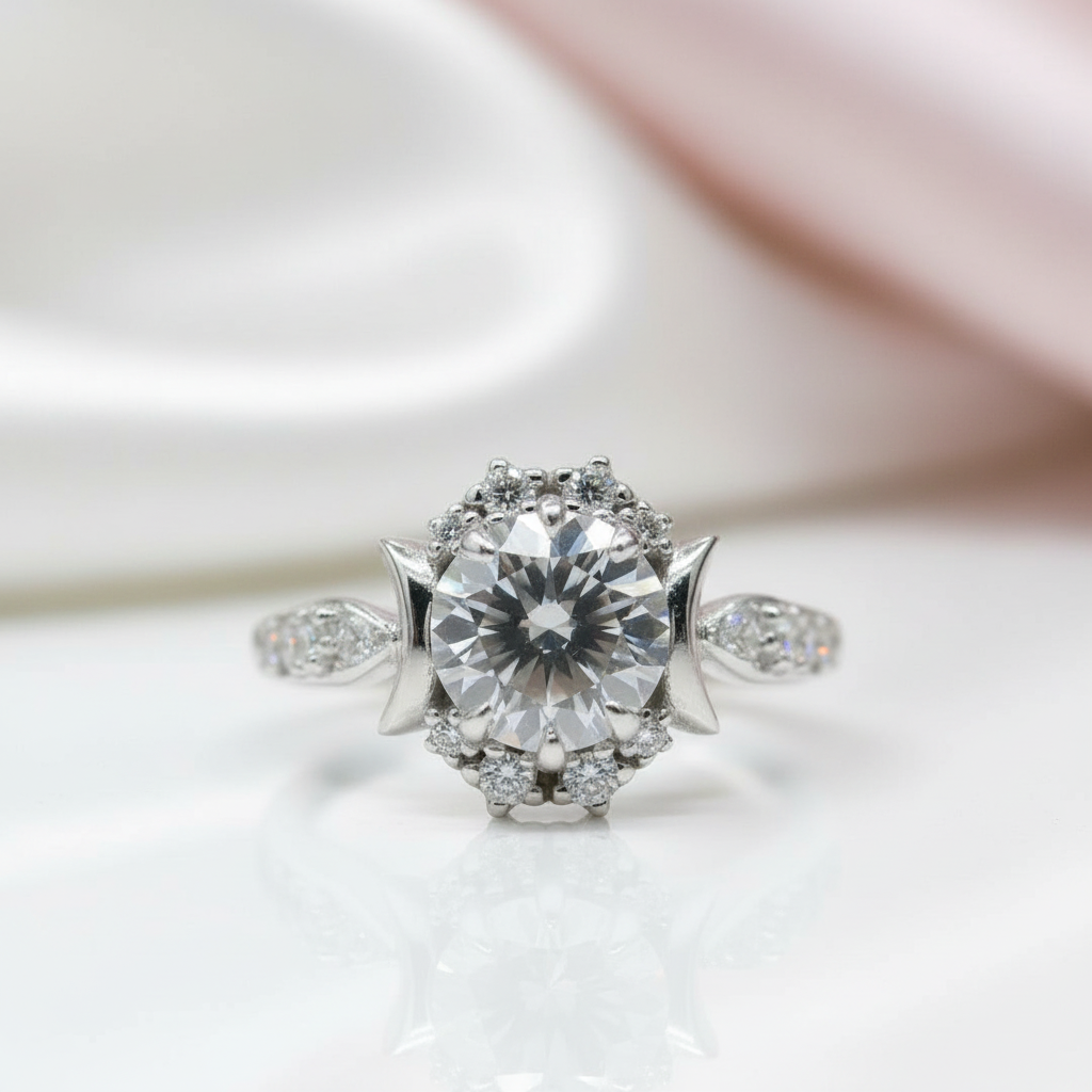 14K White Gold Crescent Moon Ring with Ct Round Cut Grey