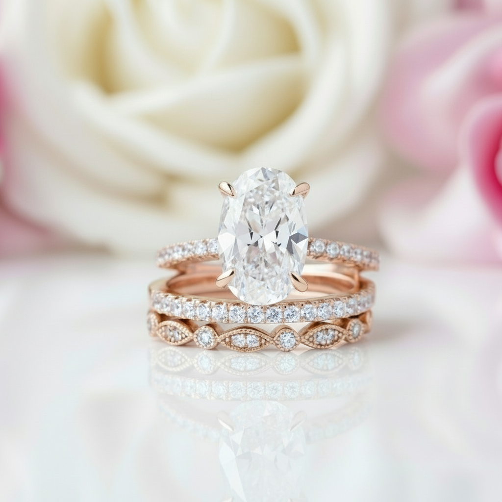 carat Oval Cut 3-Pieces Rose Gold Wedding Ring Set – Black