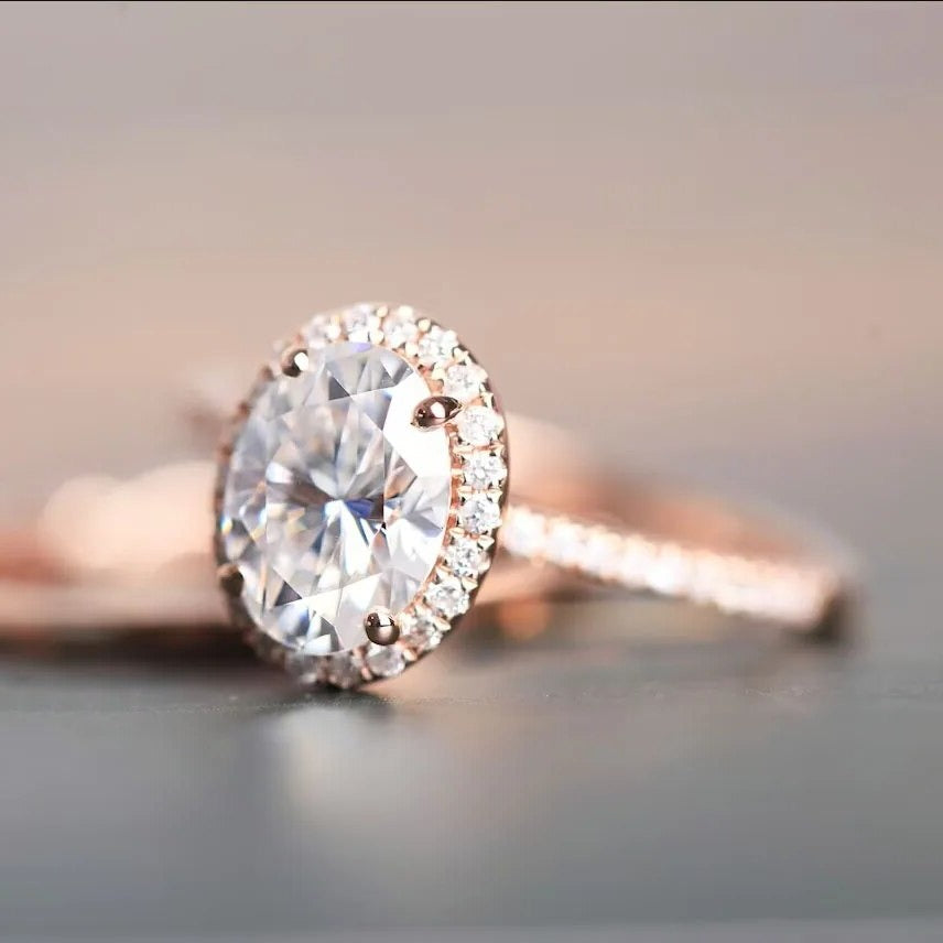 Solid 14K Rose Gold Oval Cut 1.5 Ct Moissanite Halo Engagement Ring Set-Black Diamonds New York