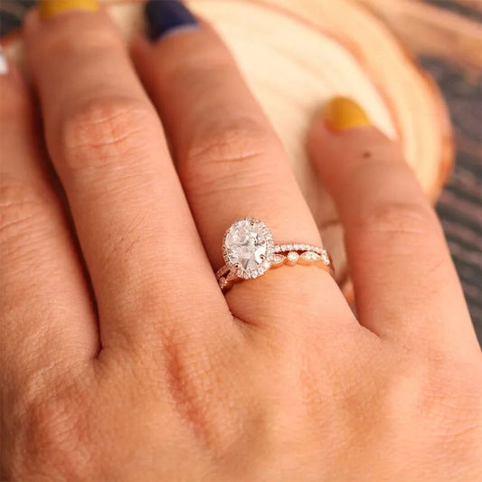 Solid 14K Rose Gold Oval Cut 1.5 Ct Diamond Halo Engagement Ring Set-Black Diamonds New York