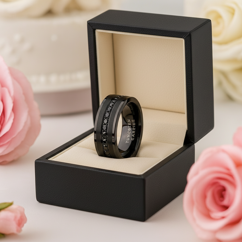 Diamond Inlay Beveled Edges Black Tungsten Men's Wedding Band-Black Diamonds New York