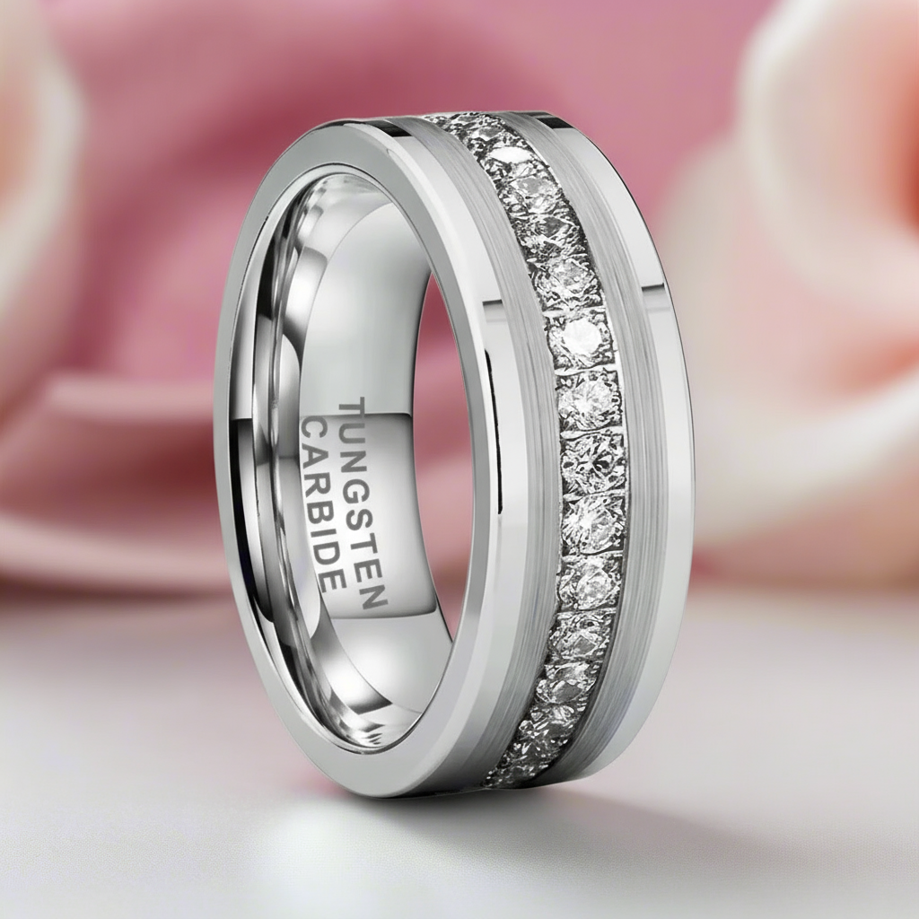 Diamond Inlay Beveled Matte Edges Tungsten Men's Wedding Band-Black Diamonds New York