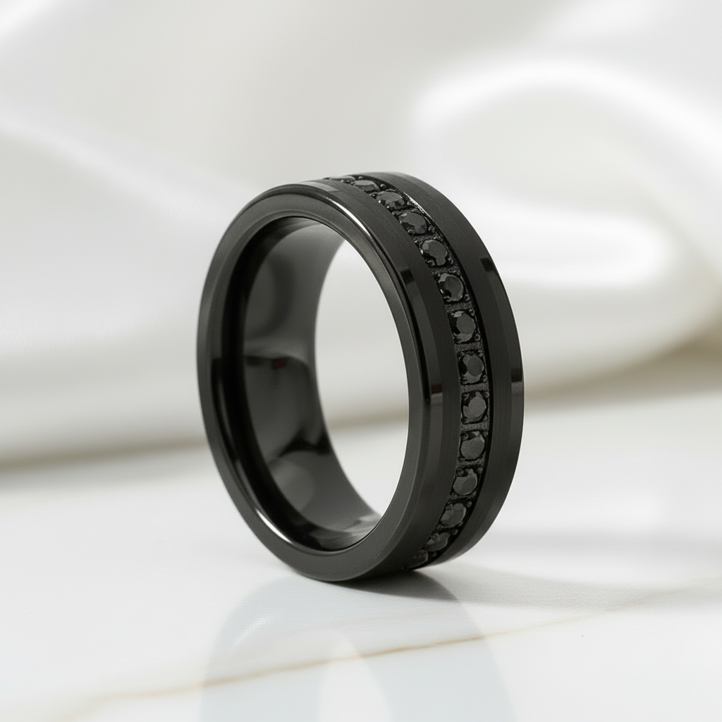 Beveled Edges Diamond Inlay Black Tungsten Men's Wedding Band-Black Diamonds New York