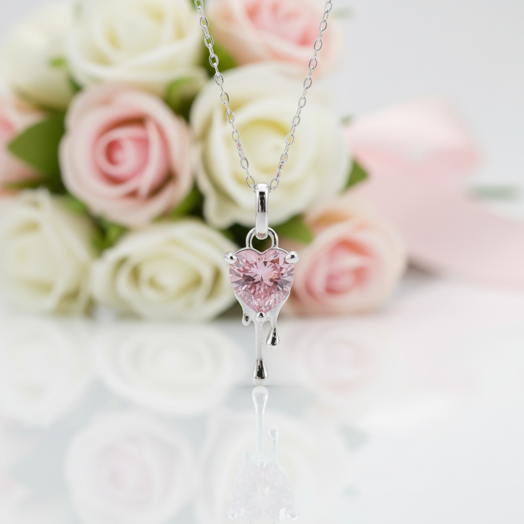 Pink Heart-Shaped Diamond with Dripping Heart Necklace-Black Diamonds New York