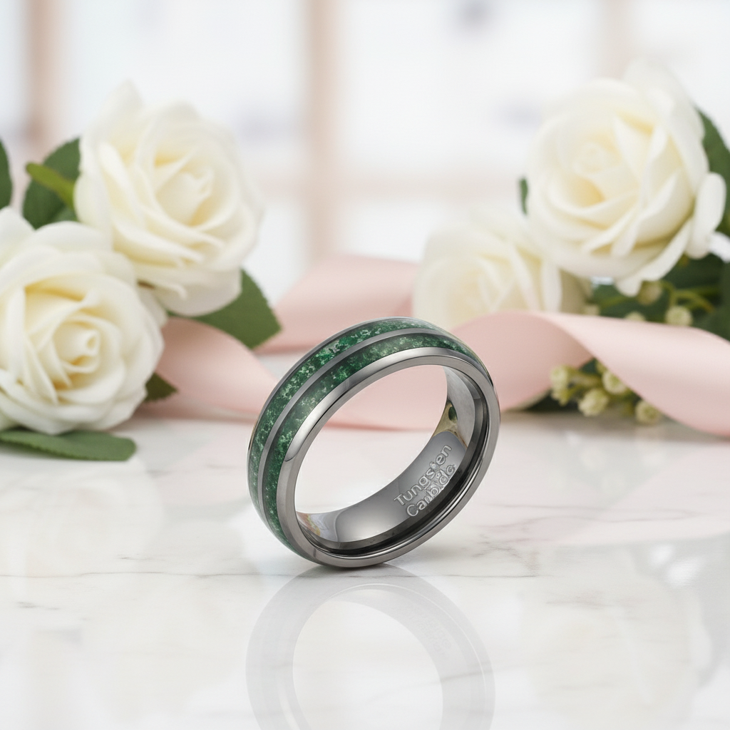 Moss Agate Gunmetal Tungsten Carbide Ring Band-Black Diamonds New York