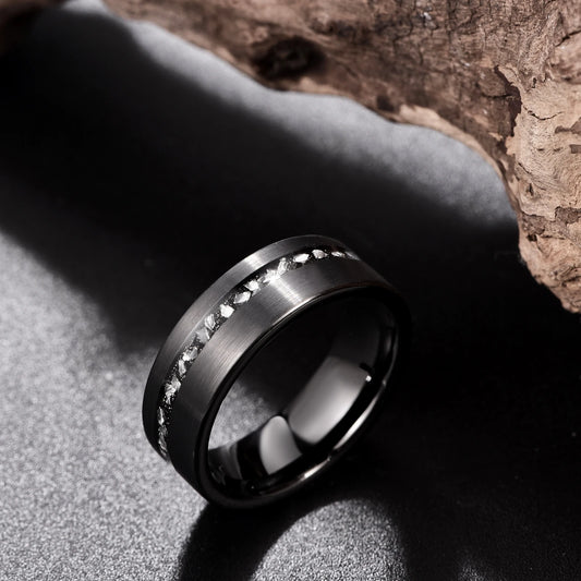 8mm Black Brushed Tungsten Men's Wedding with Meteorite Fragments-Black Diamonds New York