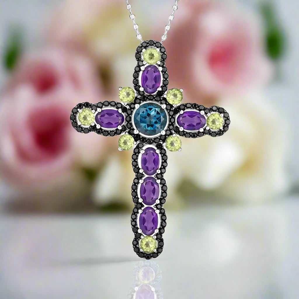 Mystical Multi-gems Cross Pendant Necklace-Black Diamonds New York