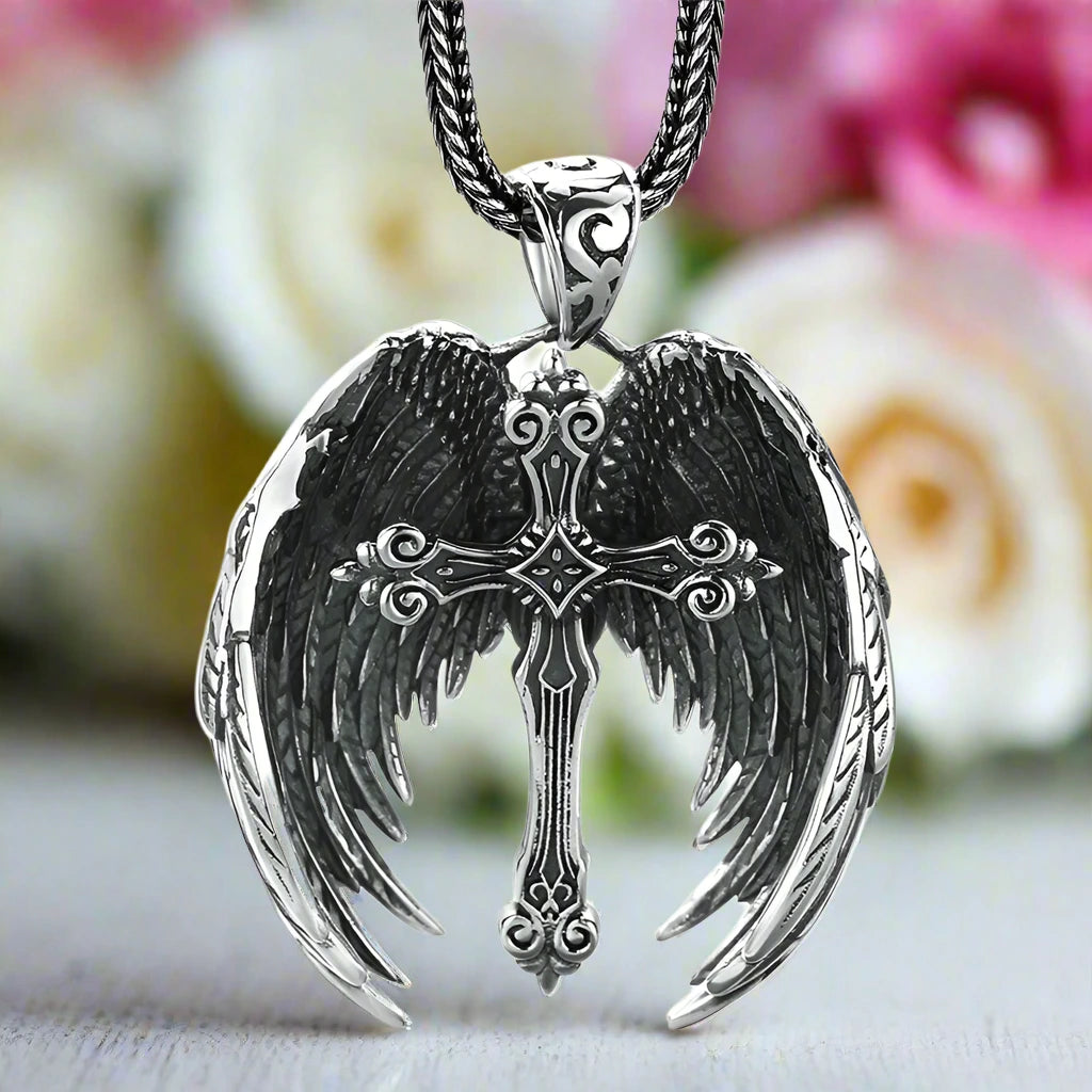 Vintage Cross Feather Wings Pendant – Black Diamonds New York