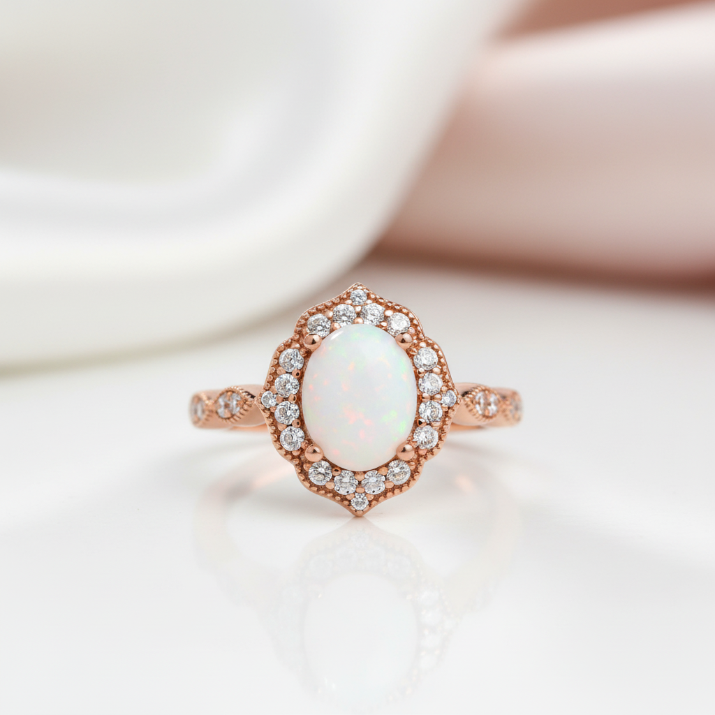Vintage Rose Gold Oval Cut Opal Engagement Ring – Black Diamonds