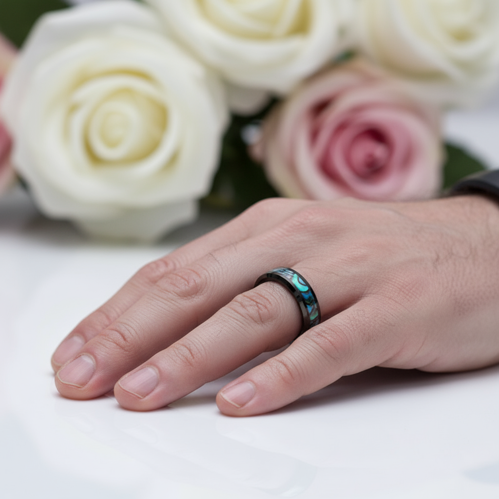 Abalone Shell Men's Titanium Wedding Band-Black Diamonds New York