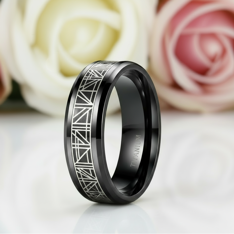 Black Beveled Titanium Wedding Band with Silk Inlay-Black Diamonds New York