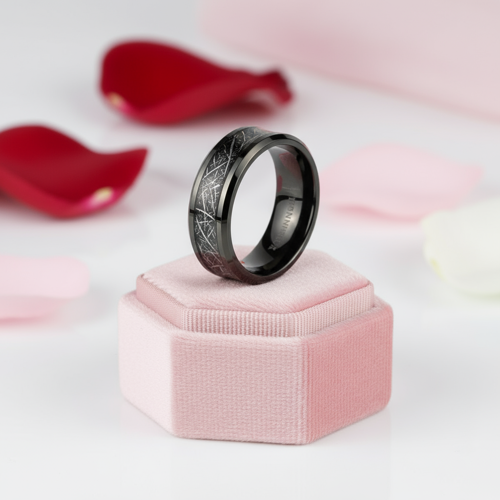 Black Beveled Titanium Wedding Band with Silk Inlay-Black Diamonds New York