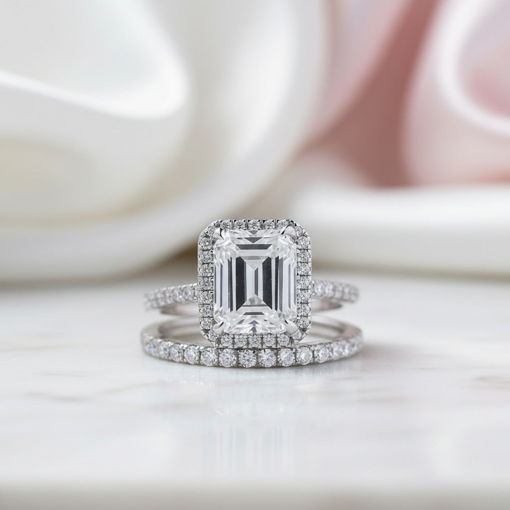 Halo Emerald Cut Wedding Ring Set – Black Diamonds New York