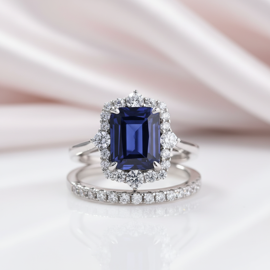 Halo Blue Sapphire Emerald Cut Wedding Ring Set – Black Diamonds