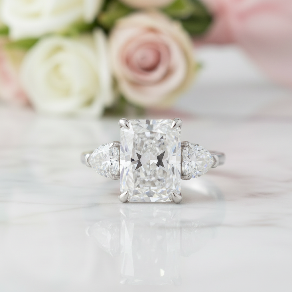 Luxurious Radiant Cut Three Stone Engagement Ring – Black Diamonds