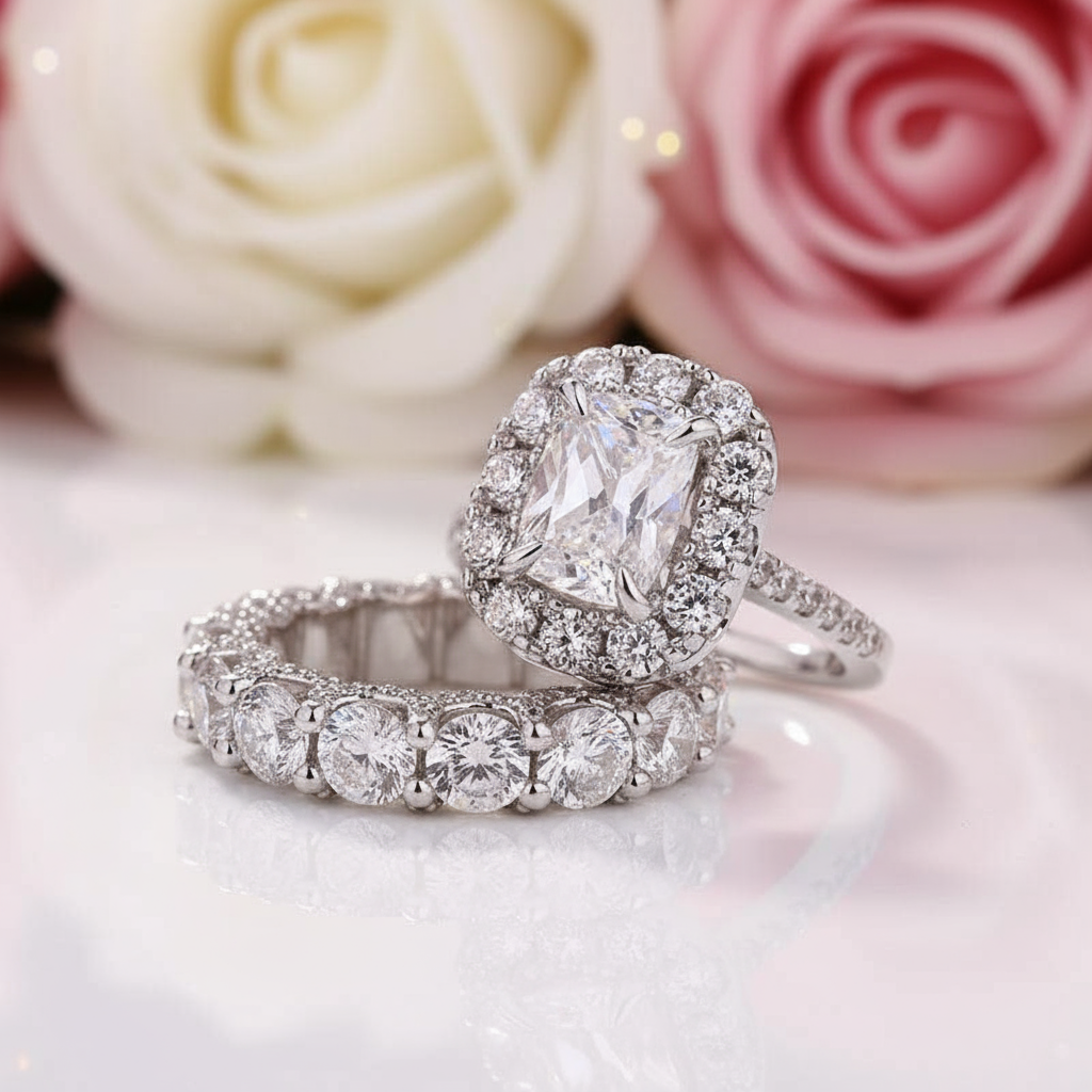 Luxury Eternity Halo Cushion Cut Wedding Ring Set – Black Diamonds