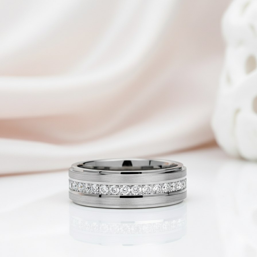 8mm Men's Tungsten Carbide Wedding Band-Black Diamonds New York