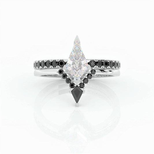 Flash Sale- Power- Colorless Kite-Shaped Moissanite Diamond 14k White Gold Unique Ring-Black Diamonds New York