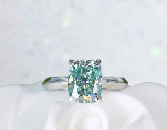 Flash Sale - Rare Blue Green Cushion Cut Moissanite Ring-Black Diamonds New York
