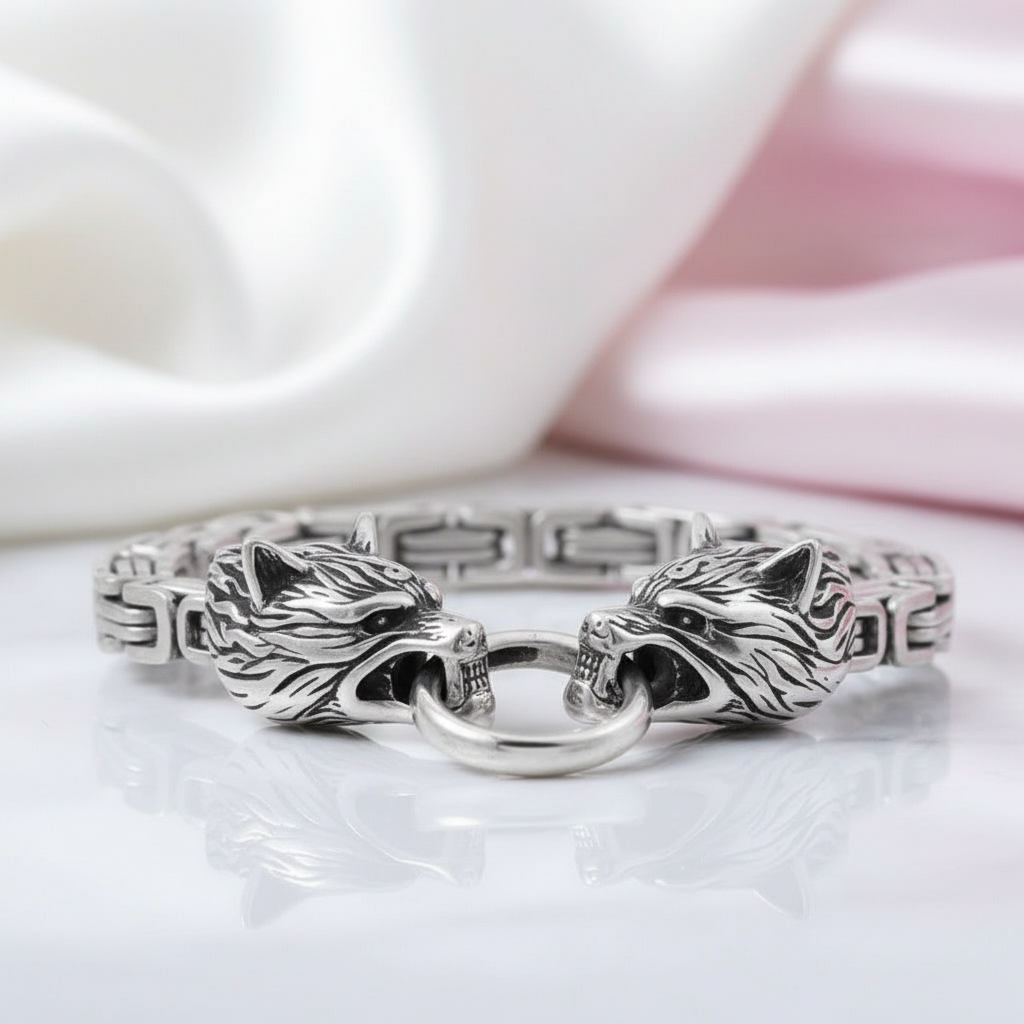 Stainless Steel Viking Wolf Head Men's Bracelet – Black Diamonds