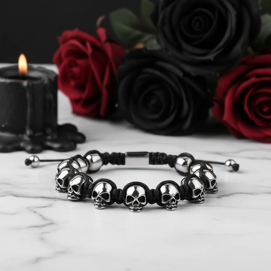 Unisex Skull Beads Gothic Bracelet with Braided Wrap – Black