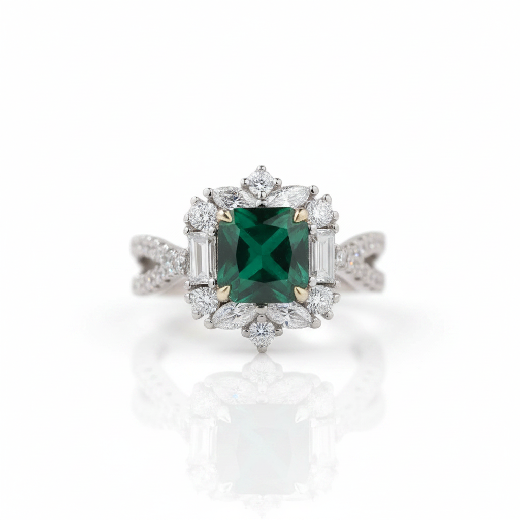 Vintage Twist Emerald Green Princess Cut Engagement Ring