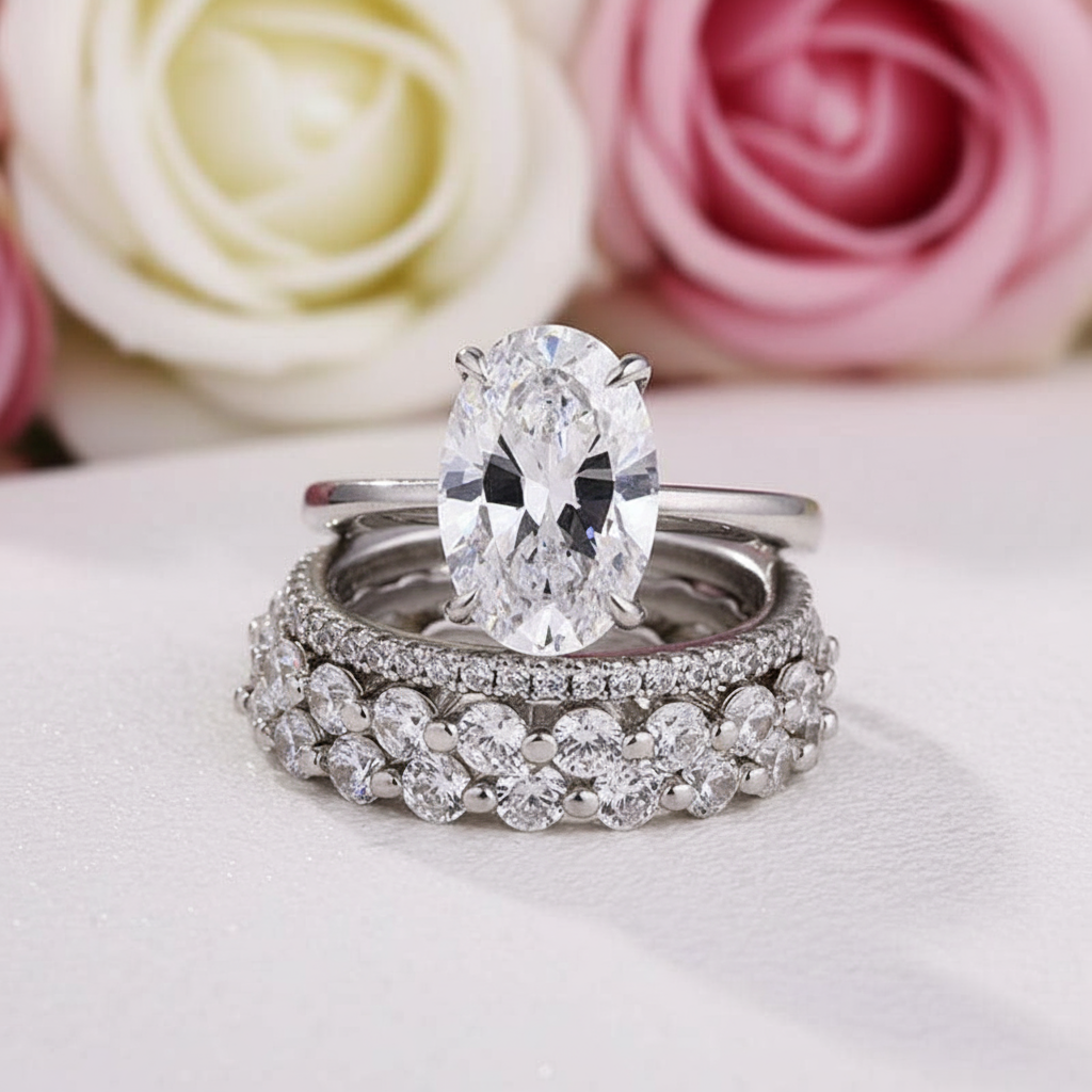 White Gold Oval Cut Simulated Diamond Bridal Ring Set – Black