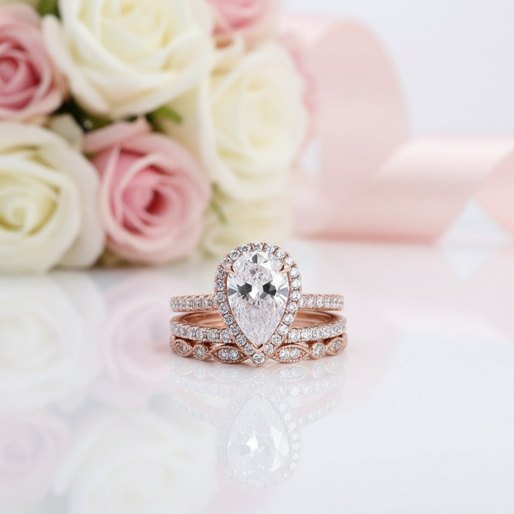 10k Rose Gold Halo Pear Cut Diamond 3pcs Wedding Ring Set – Black