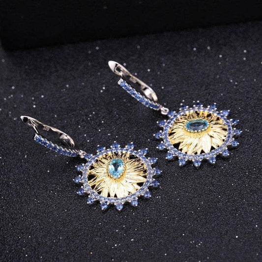 1.20Ct Natural Swiss Blue Topaz Sunflower Drop Earrings-Black Diamonds New York