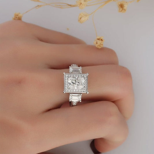 14K White Gold 2ct Radiant Cut Moissanite 3 Stone Halo Engagement Ring-Black Diamonds New York