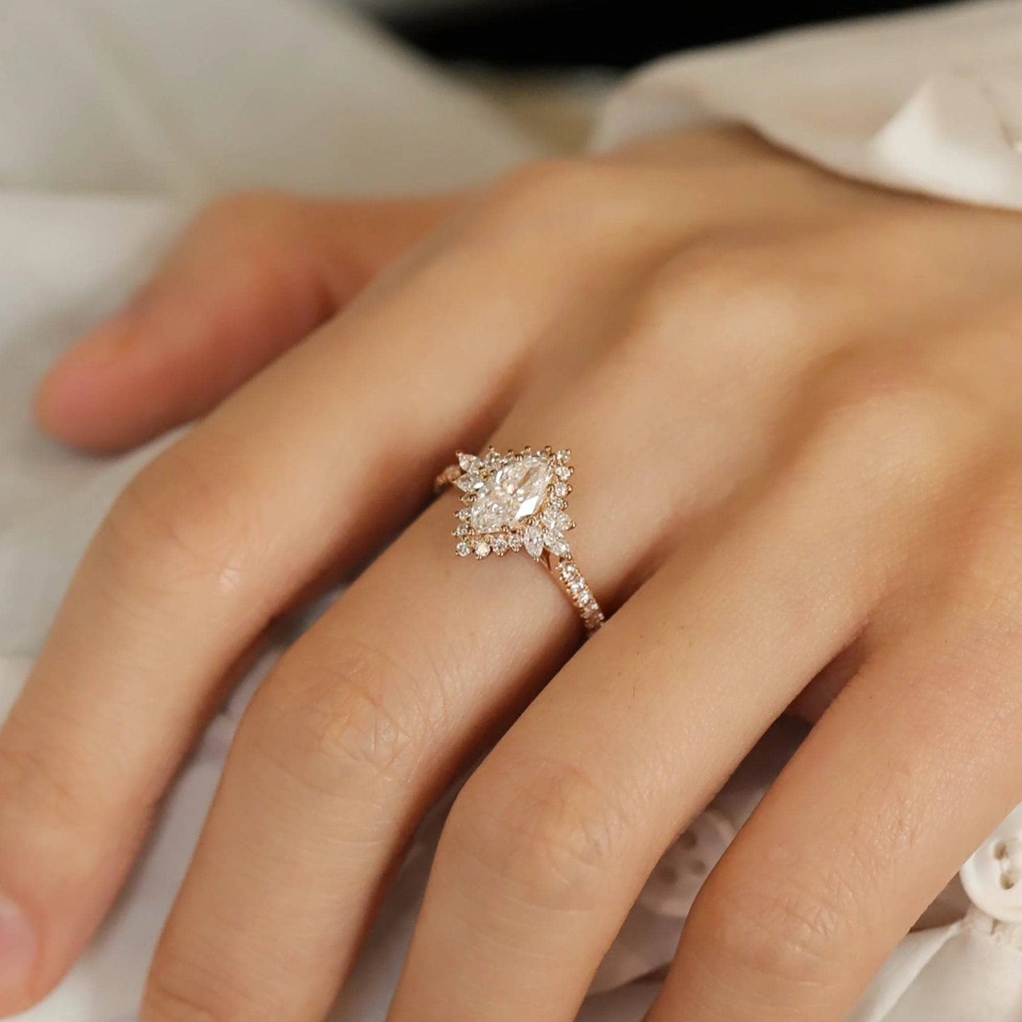 18k Marquise Cut Moissanite Halo Engagement Ring-Black Diamonds New York