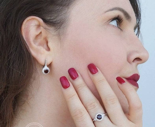2.10Ct Round Natural Red Garnet Stud Earrings-Black Diamonds New York
