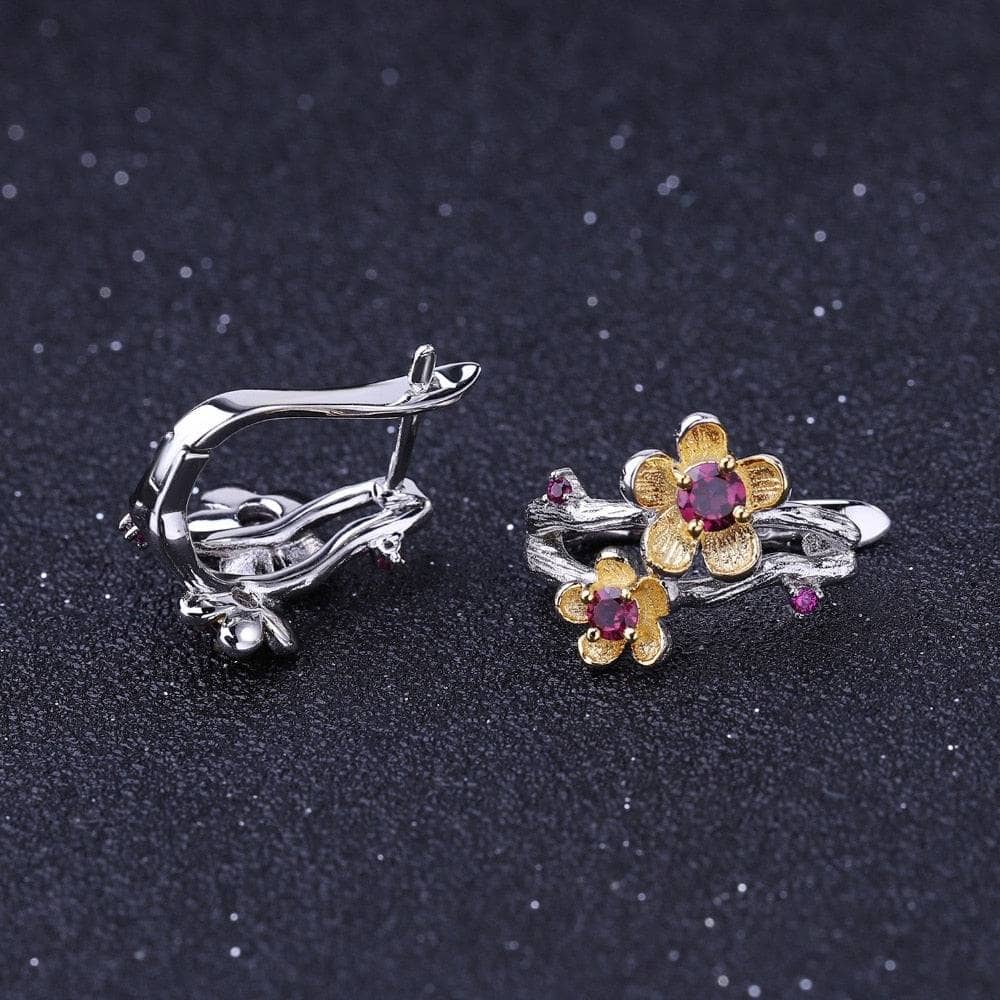 2.14Ct Natural Rhodolite Garnet Flower Ring and Earrings Set-Black Diamonds New York