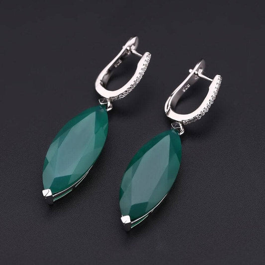 22.90Ct Marquise Natural Green Agate Gemstone Drop Earrings-Black Diamonds New York