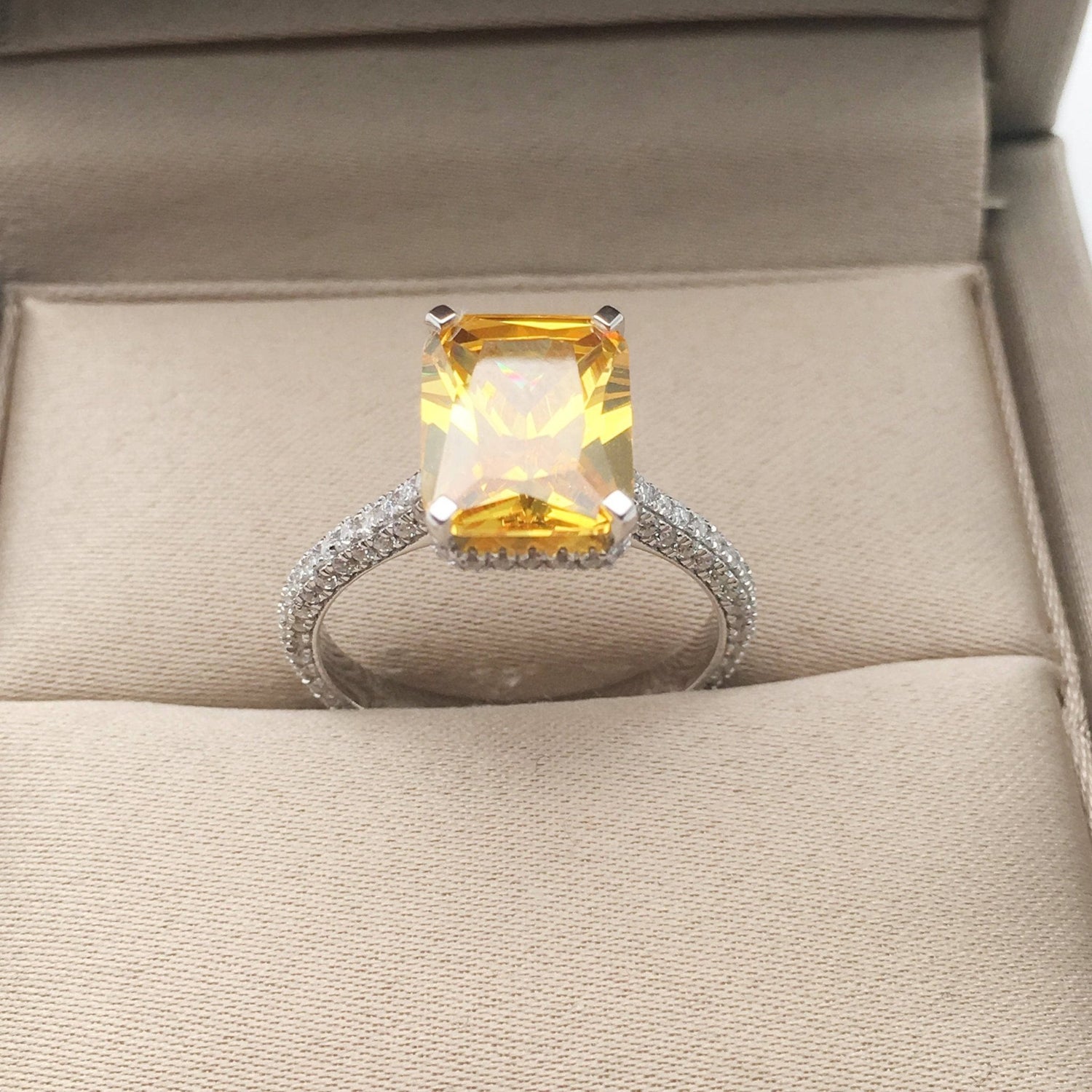 2.5ct Emerald Cut Yellow Moissanite Engagement Ring-Black Diamonds New York