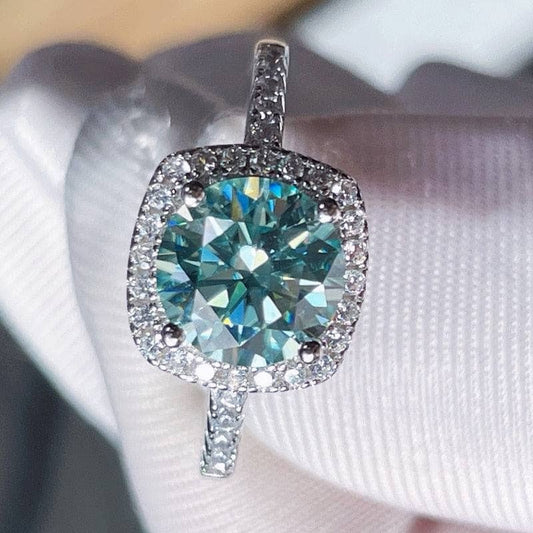 2ct Round Cut Blue-green Moissanite Halo Engagement Ring-Black Diamonds New York