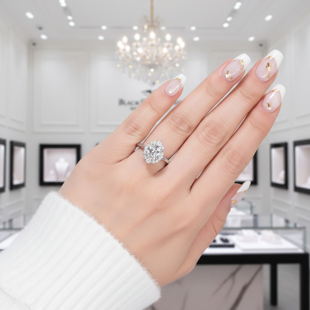 2ct Round Cut Diamond Halo White Gold Engagement Ring – Black