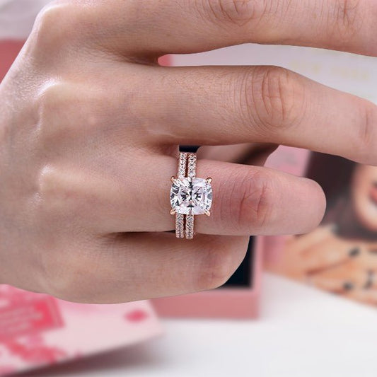 3.0ct Cushion Cut Rose Gold Clear Simulated Sapphire Wedding Ring Set-Black Diamonds New York