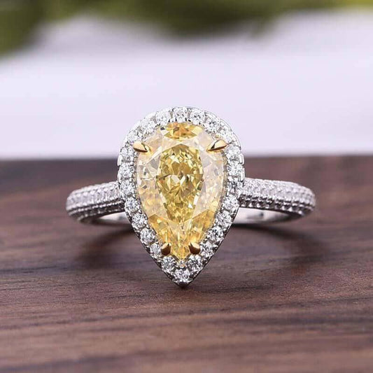 3.0ct Halo Pear Cut Sona Simulated Diamond Yellow Sapphire Engagement Ring-Black Diamonds New York