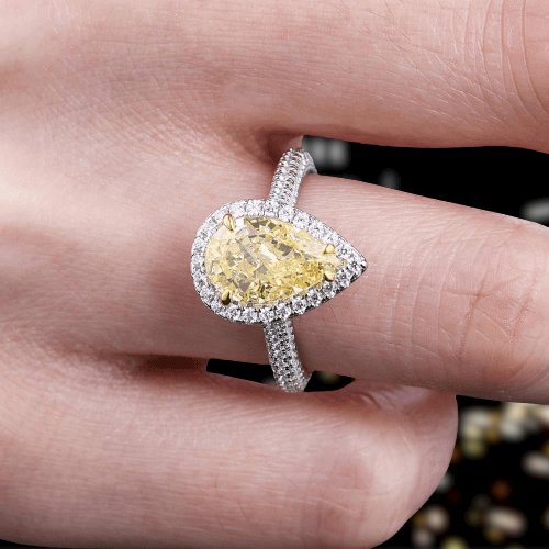 3.0ct Halo Pear Cut Sona Simulated Diamond Yellow Sapphire Engagement Ring-Black Diamonds New York