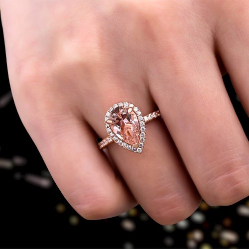 3.0ct Halo Pear Cut Synthetic Morganite Engagement Ring-Black Diamonds New York