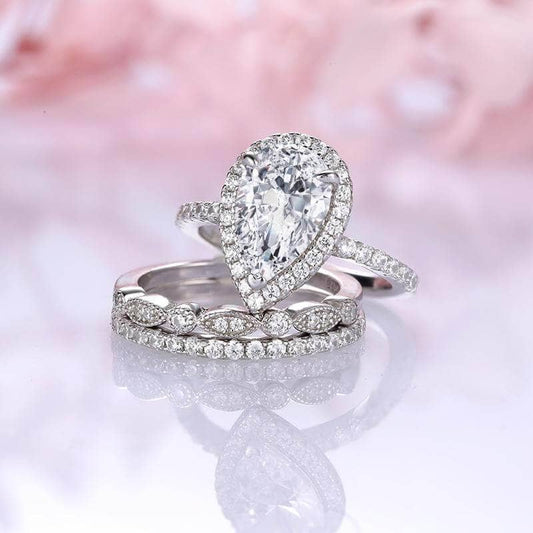 3pcs White Sapphire Halo Pear Cut White Gold Ring Set-Black Diamonds New York