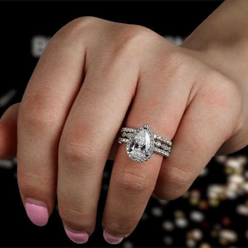 3pcs White Sapphire Halo Pear Cut White Gold Ring Set-Black Diamonds New York