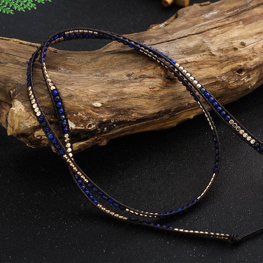 5 Wraps Boho Leather Natural Lapis Lazuli + Beads Stone-Black Diamonds New York
