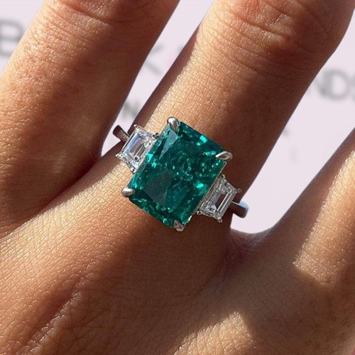 5.0ct Three-Stone Paraiba Tourmaline Radiant Cut Engagement Ring-Black Diamonds New York