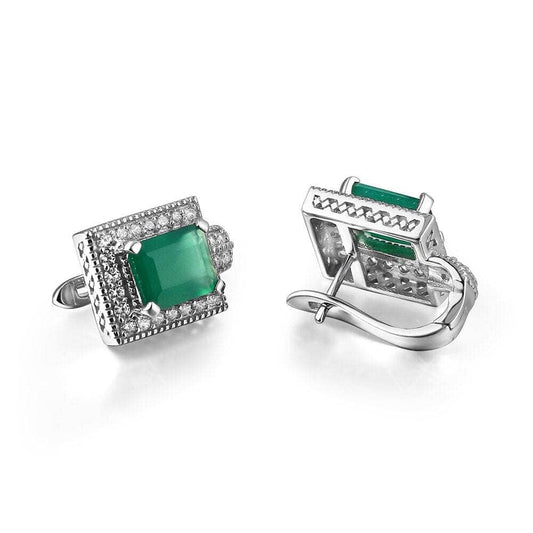 6.15Ct Emerald Cut Natural Green Agate Gemstone Jewelry Set-Black Diamonds New York
