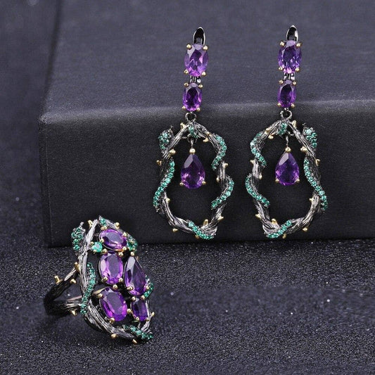 7.58Ct Natural Amethyst Gemstone Jewelry Set-Black Diamonds New York