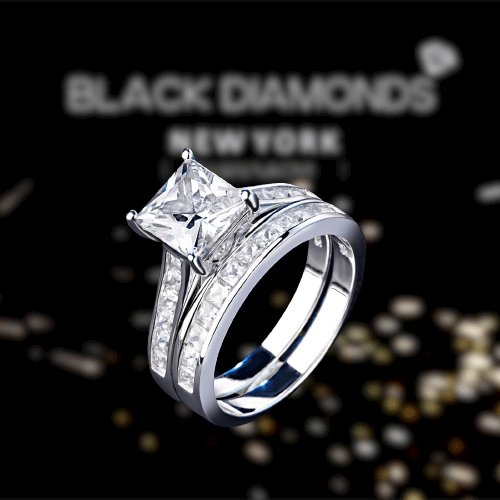 7mm Princess Cut Created Diamond Ring Set-Black Diamonds New York
