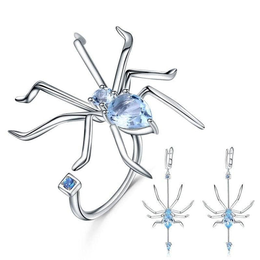8.83Ct Natural Sky Blue Topaz Spider Gemstone Jewelry Set-Black Diamonds New York