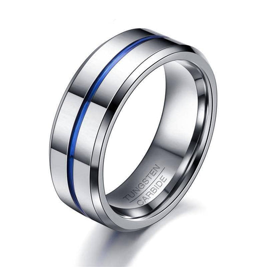 8MM Tungsten Carbide Thin Blue Line Men's Wedding Band-Black Diamonds New York